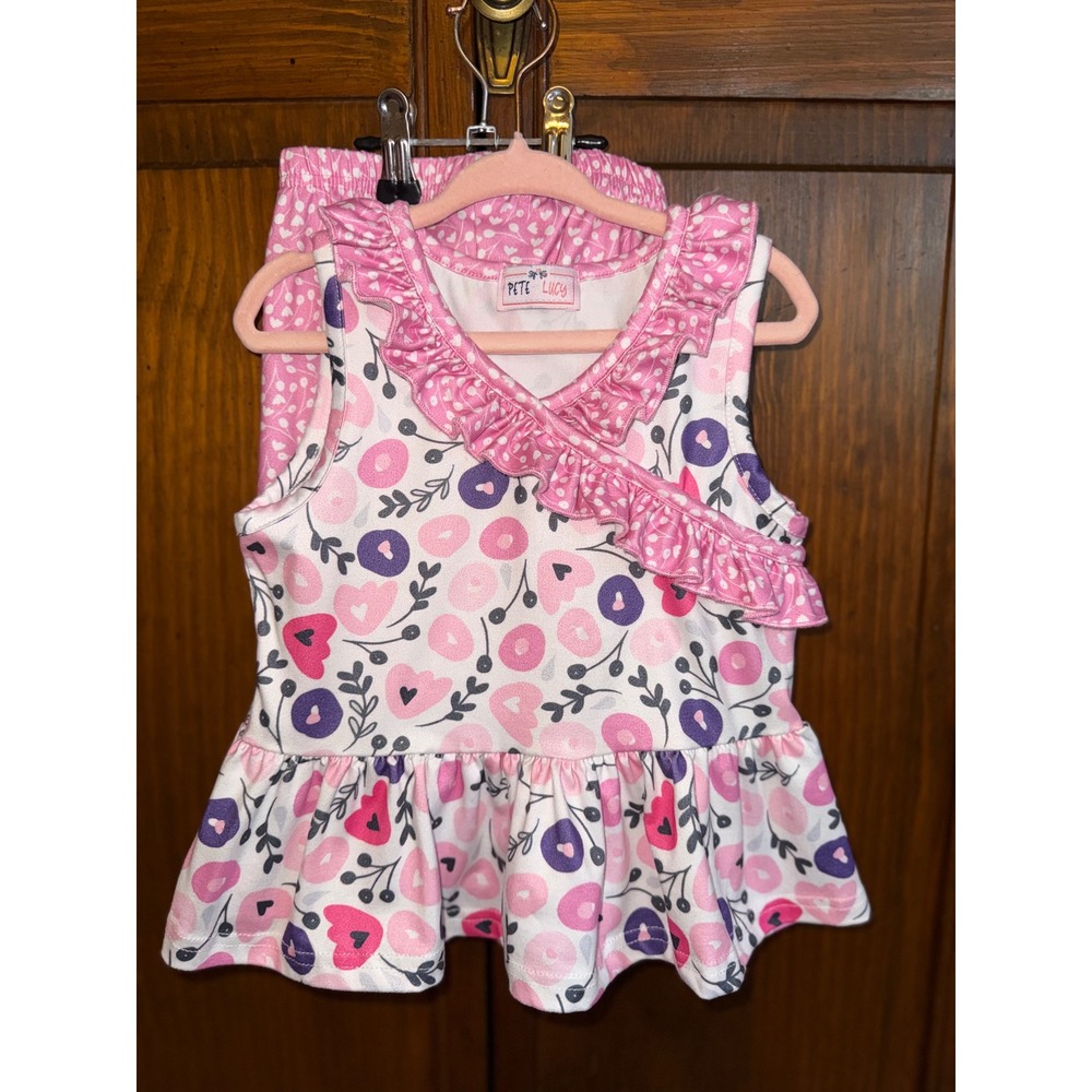 Pete Lucy Girls 2T Pink Floral Heart Peplum Top and Ruffle Pants Set